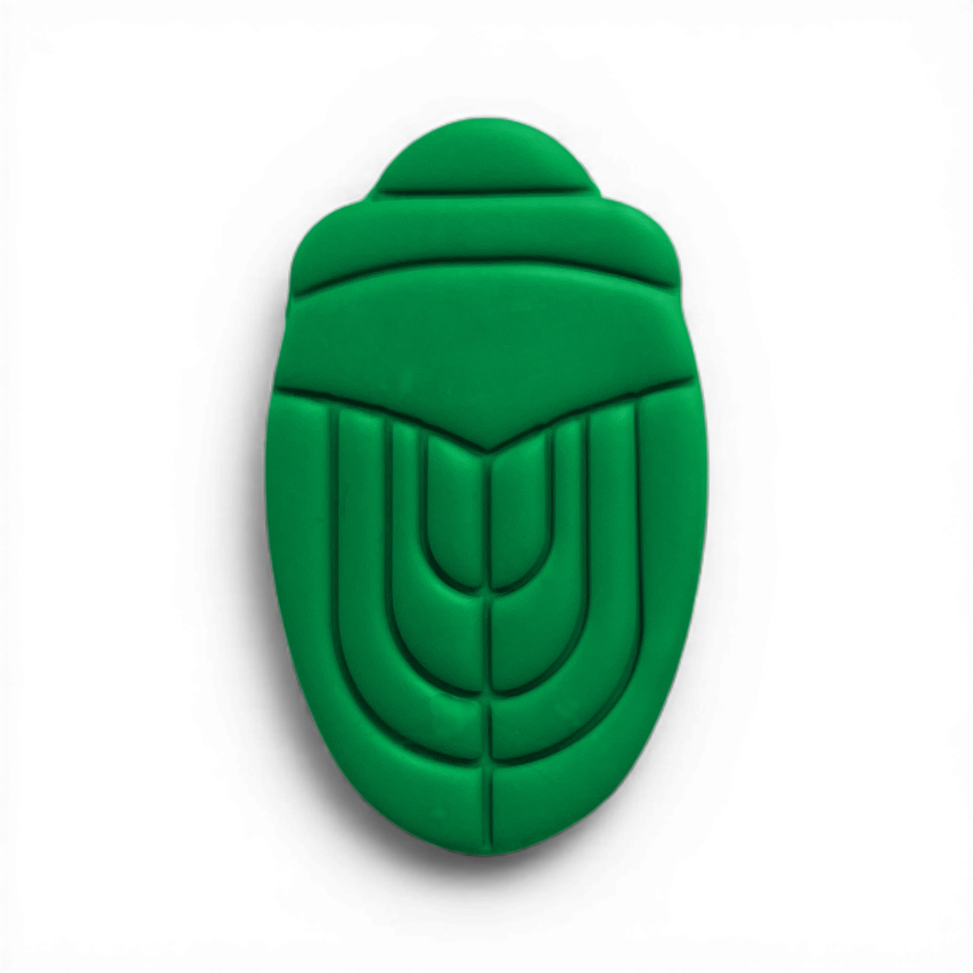 Art Deco Scarab polymer clay shape in fresh green with structured scarab detailing on white background.