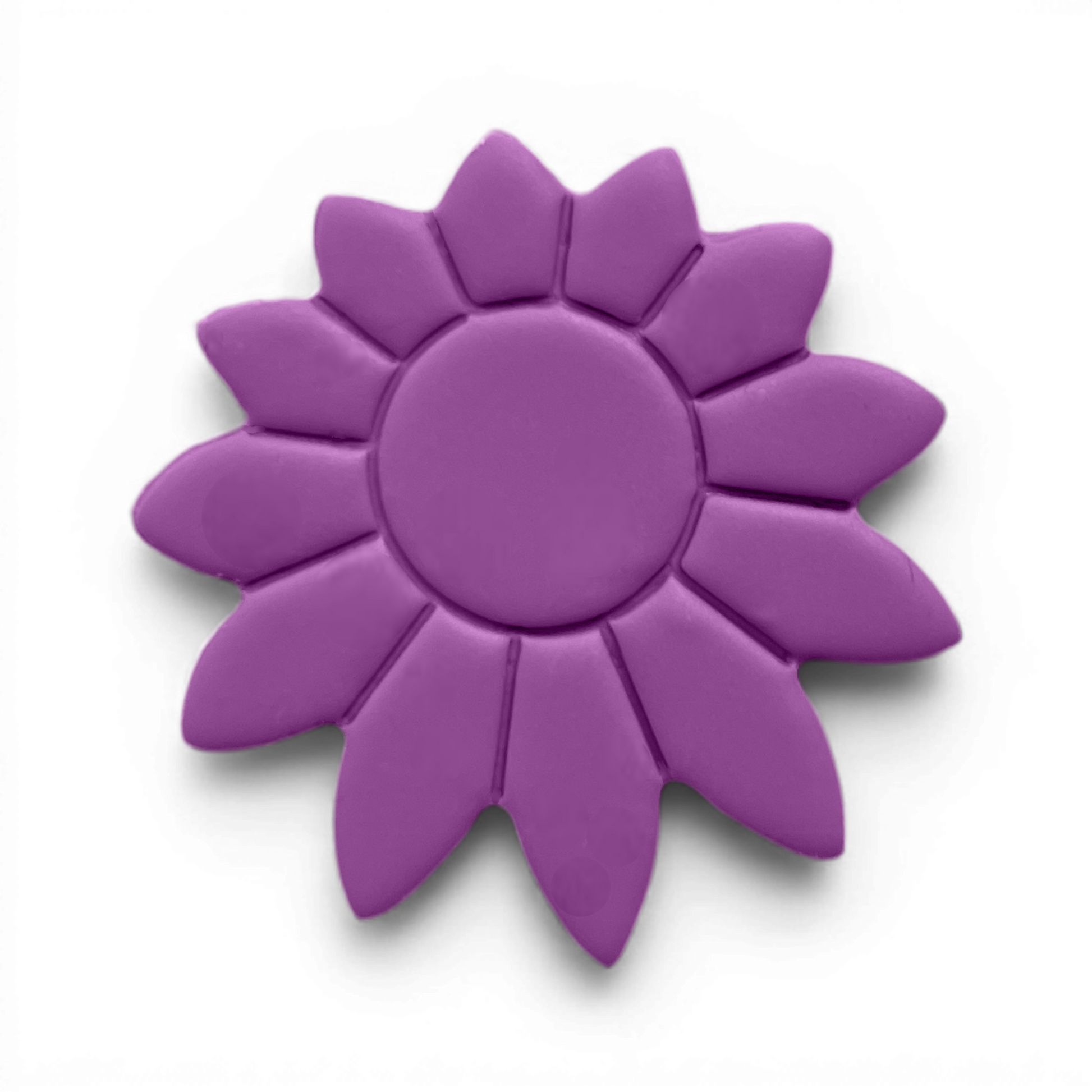 Boho Daisy polymer clay floral shape in soft lavender with rounded center and retro petal structure on white background.