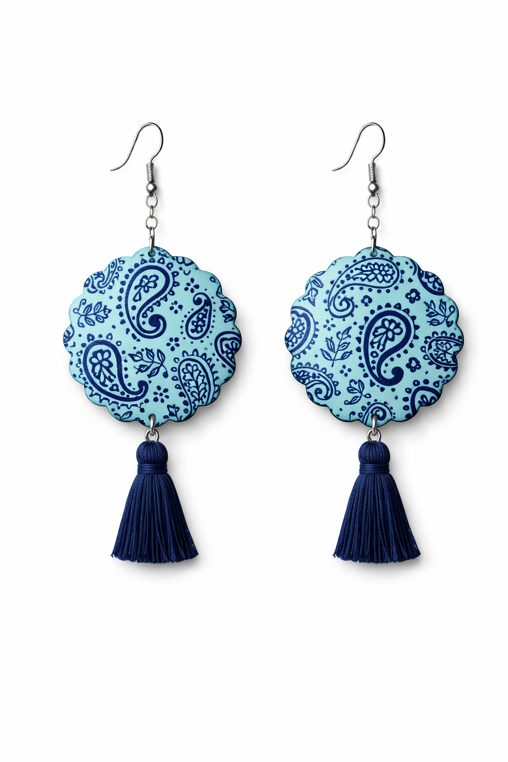Frill circle polymer clay earrings in robin’s egg blue with paisley silkscreen pattern