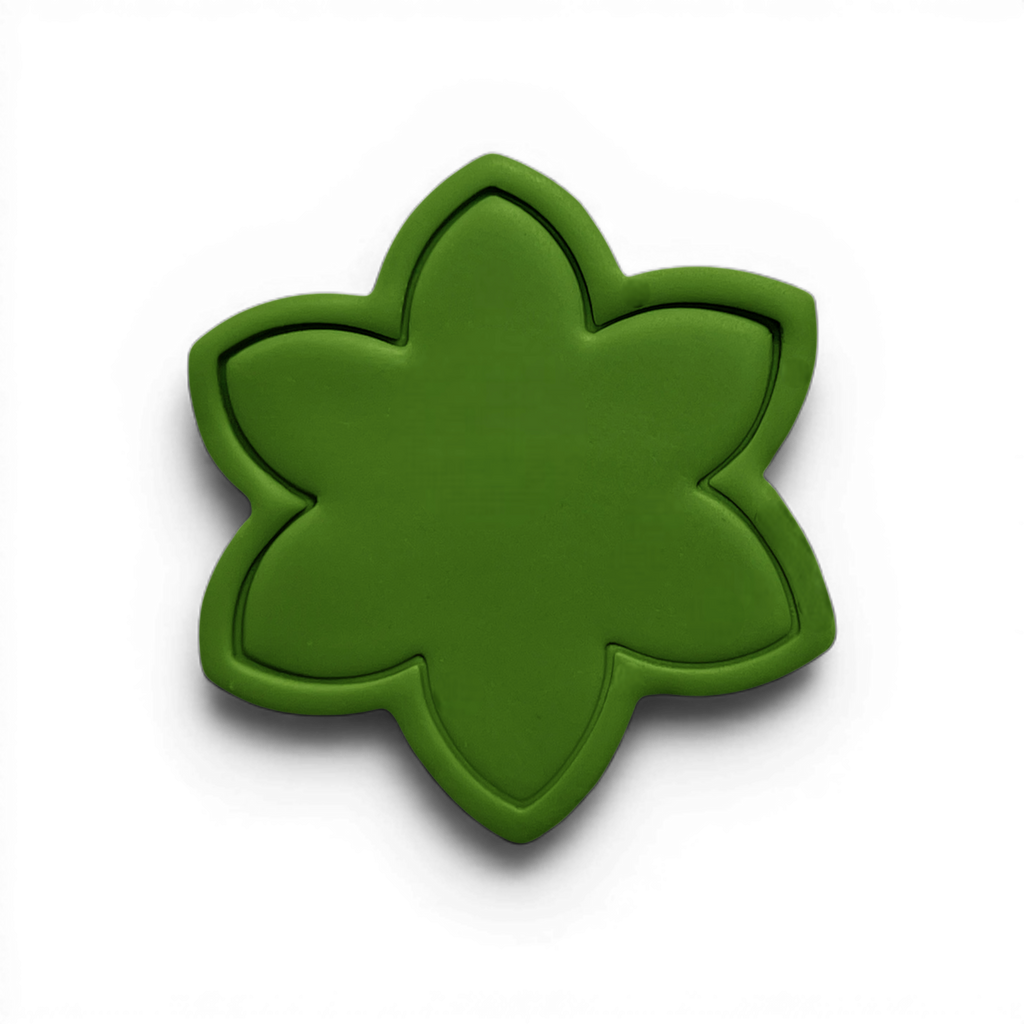 Daisy Bloom Polymer Clay Olive
Daisy Bloom polymer clay floral shape in muted olive green with soft rounded petals on white background.