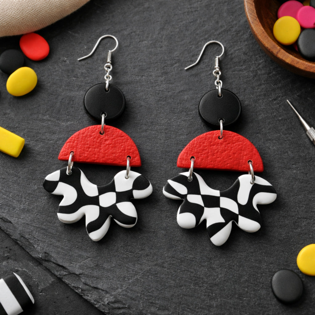 Dayflower Polymer Clay Earrings Red Black White shown in 2048x2048 product image for polymer clay jewelry making