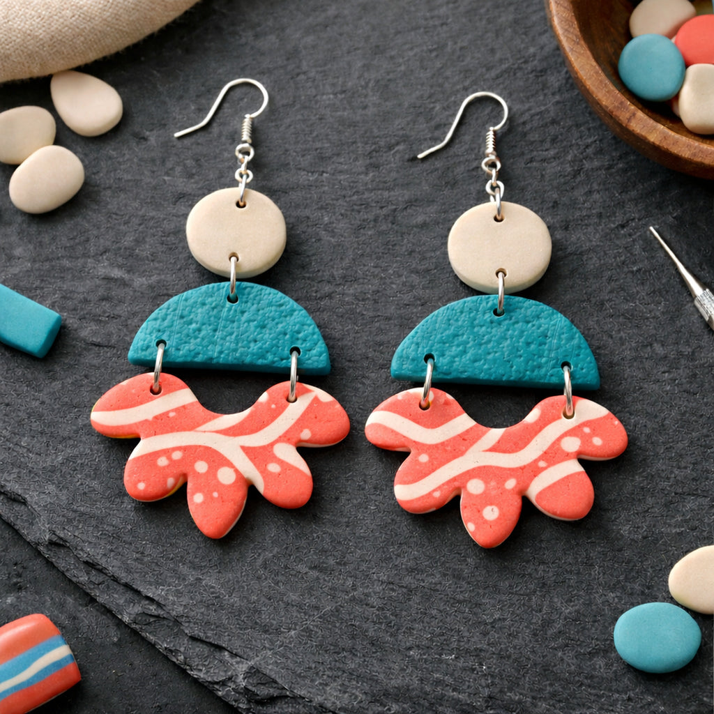 Dayflower Polymer Clay Earrings sand aqua coral shown in 2048x2048 product image for polymer clay jewelry making
