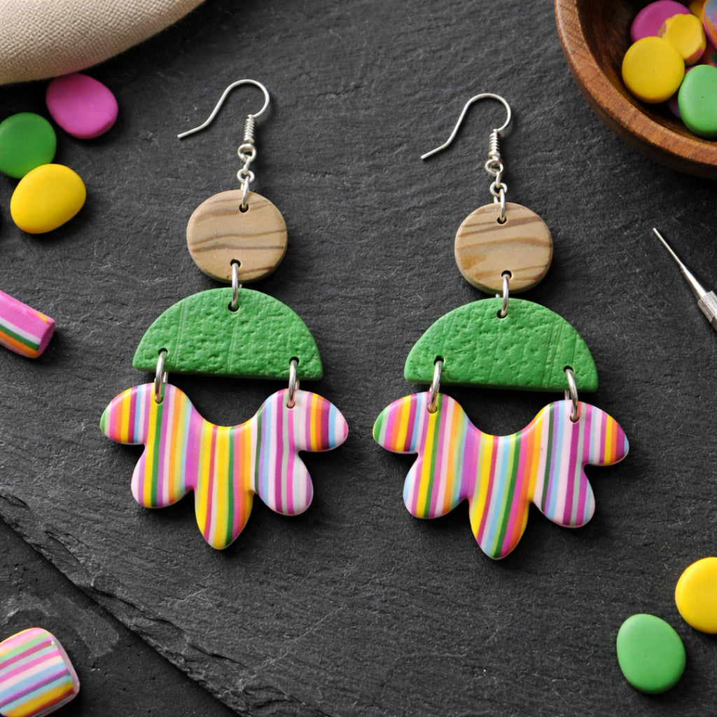Dayflower Polymer Clay Earrings wood green multi colored shown in 2048x2048 product image for polymer clay jewelry making