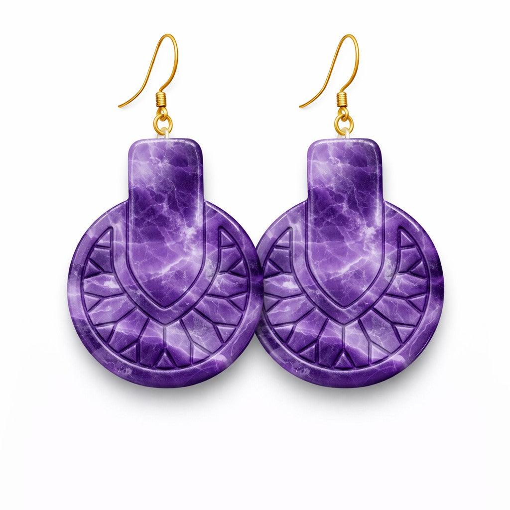 Purple faux amethyst Deco Crest polymer clay earrings with gold hooks