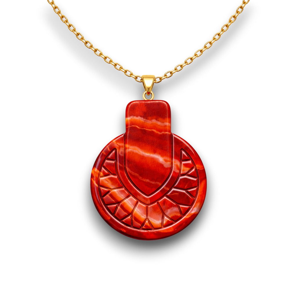 Red faux agate Deco Crest polymer clay pendant necklace on gold chain