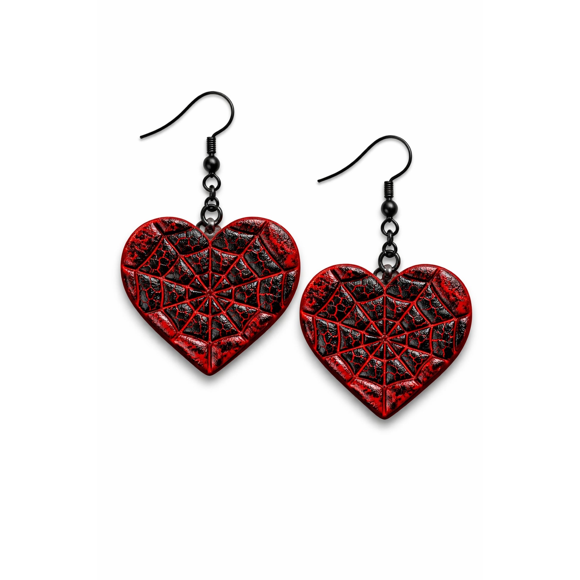Statement Webbed Heart polymer clay earrings in red with black crackle texture and embossed cobweb design