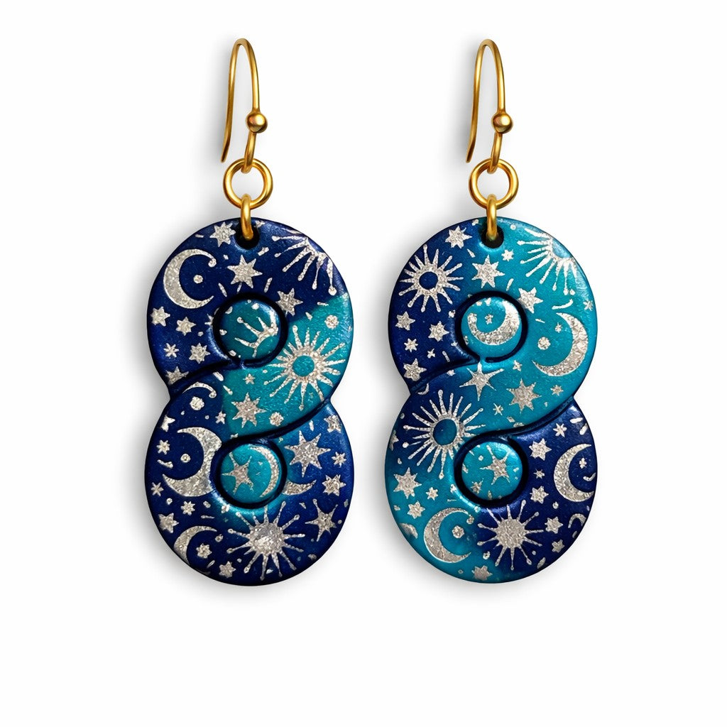 Celestial silkscreen pattern in silver on dark blue and aqua polymer clay earrings