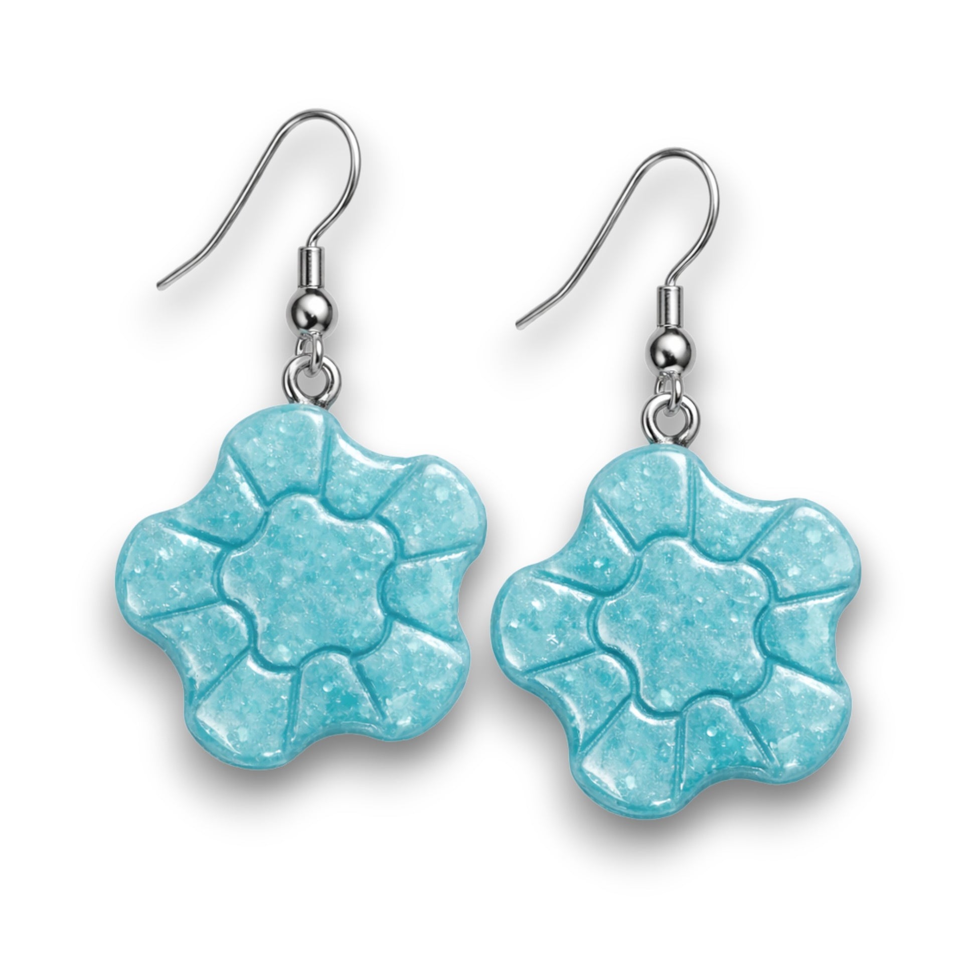 Aquamarine faux stone polymer clay flower earrings with embossed petal detailing and silver hooks