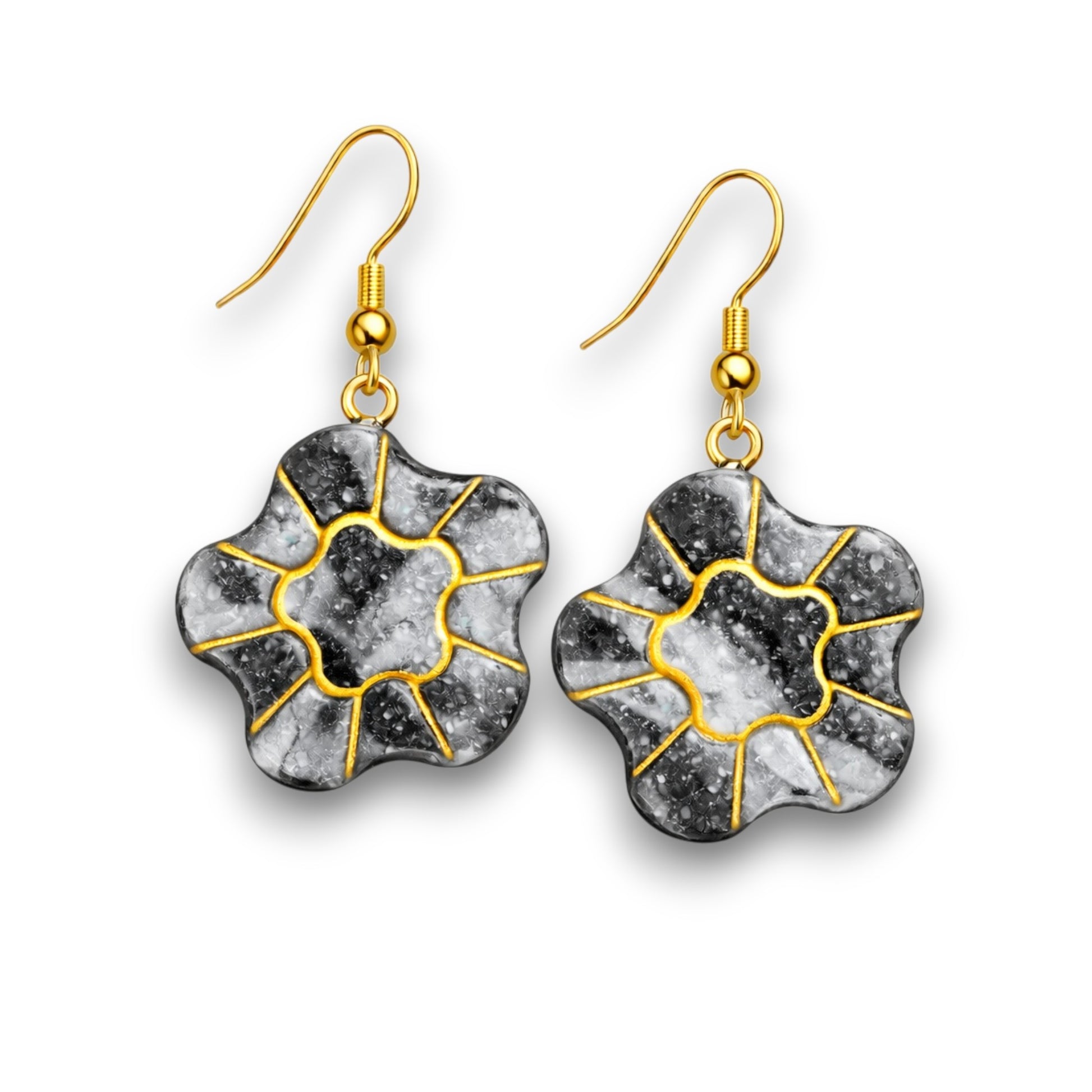 Black and white marbled polymer clay flower earrings with full gold embossed detailing and gold ear wires
