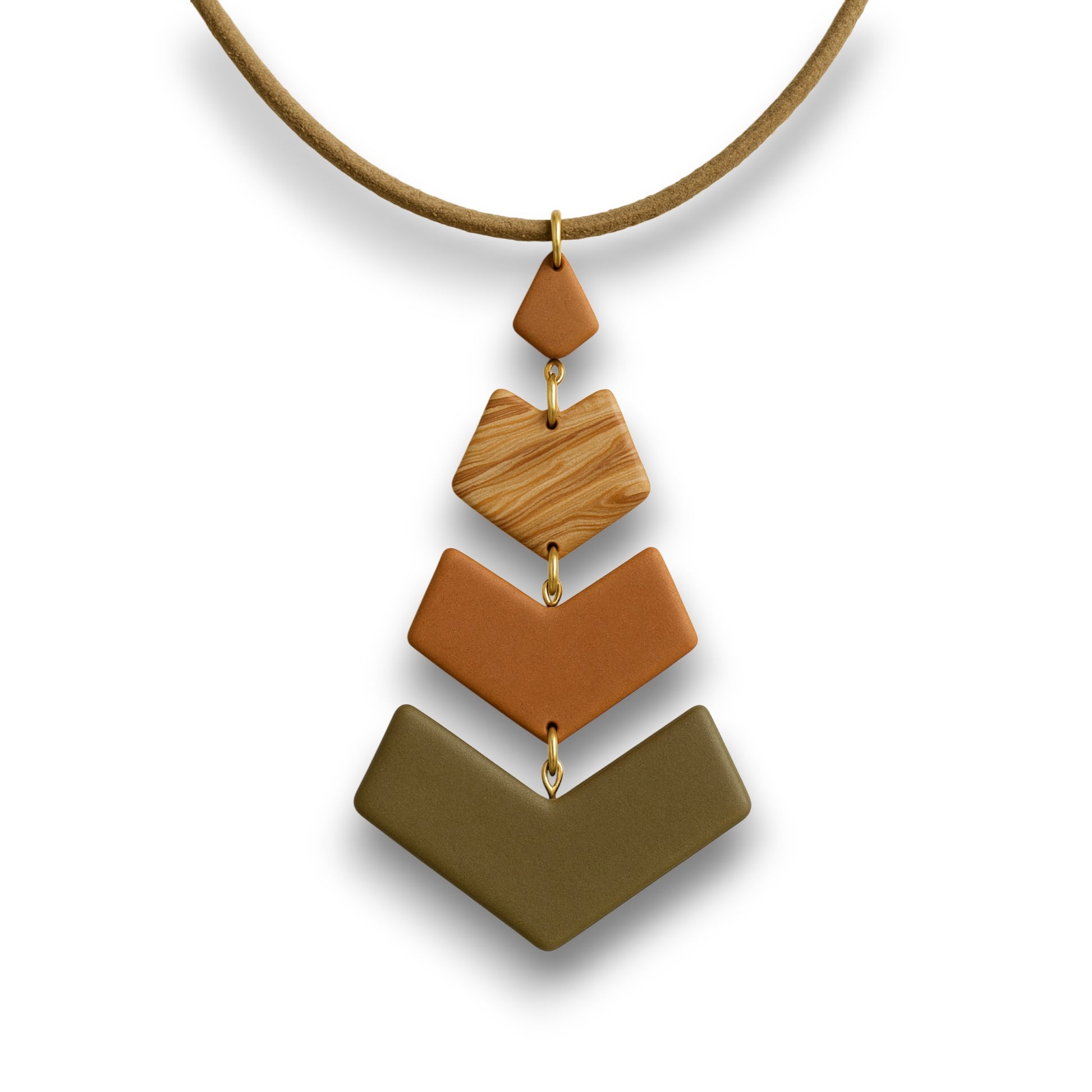 Chevron polymer clay pendant in earth tones featuring brown, rust, and olive green with a handcrafted marbled finish