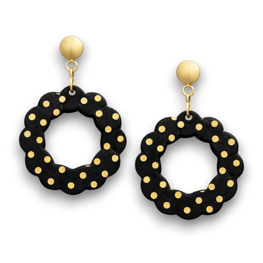 Black polymer clay frill circle donut earrings with white polka dots