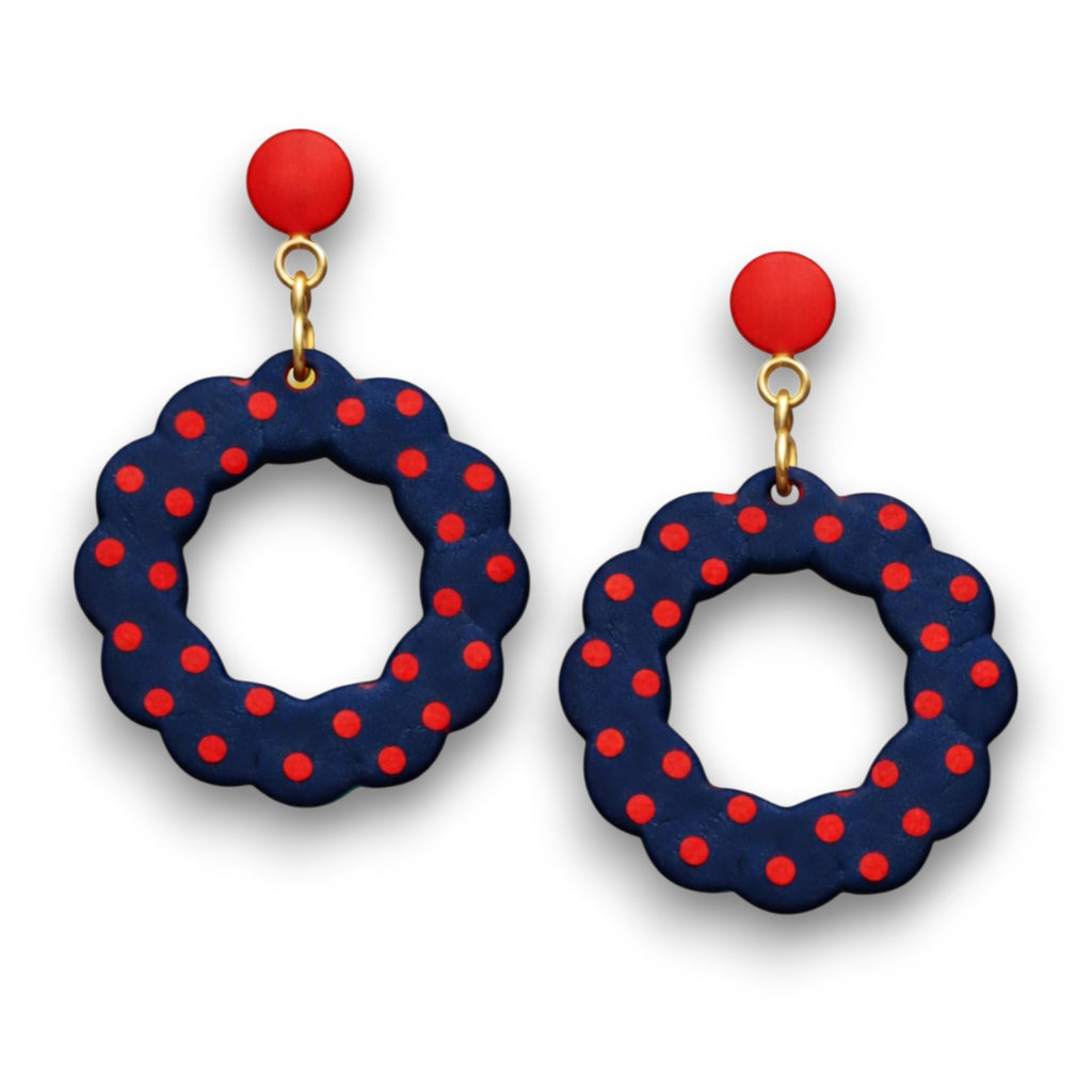 Navy polymer clay frill circle donut earrings with red polka dots