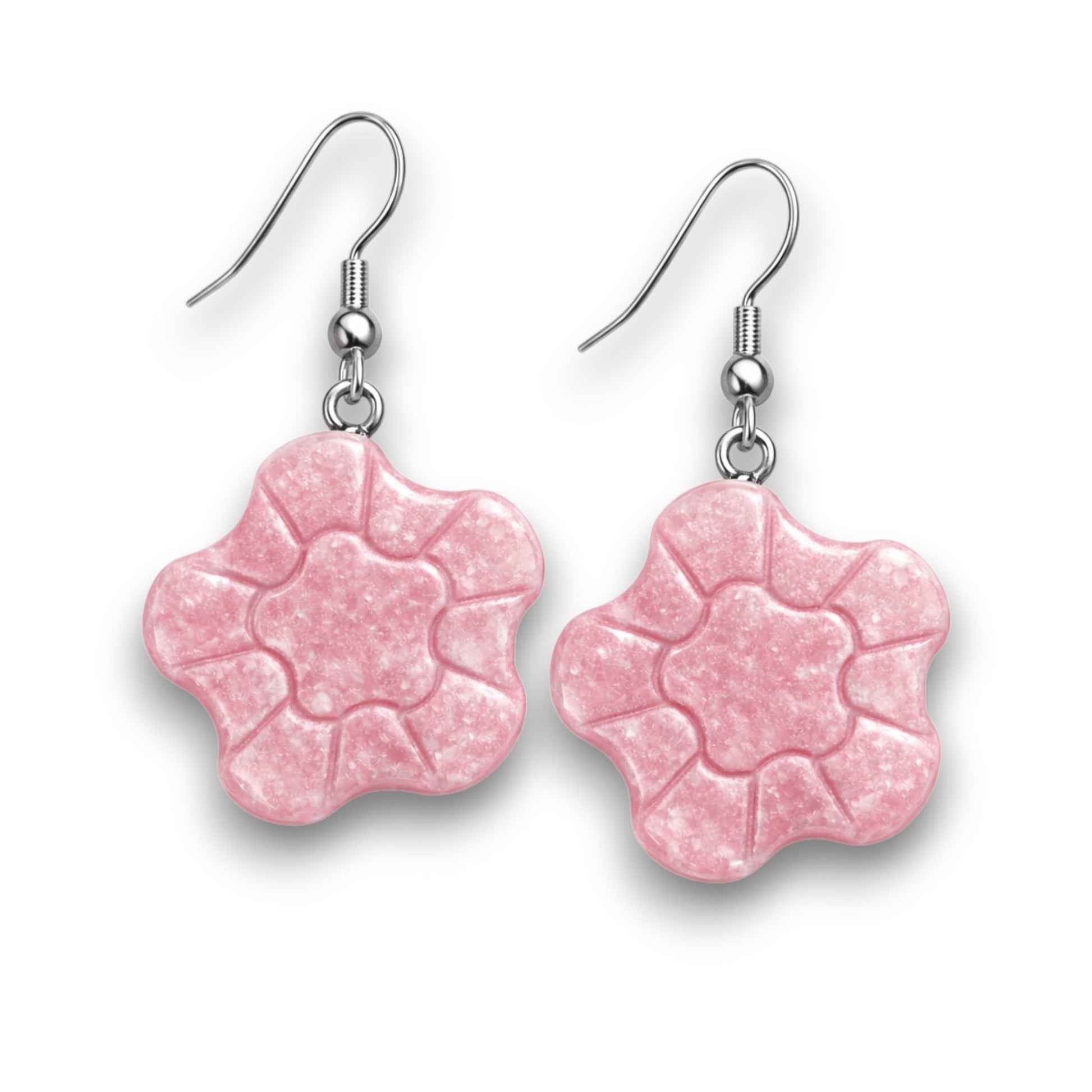 Pink faux stone polymer clay flower earrings with marbled rose quartz appearance