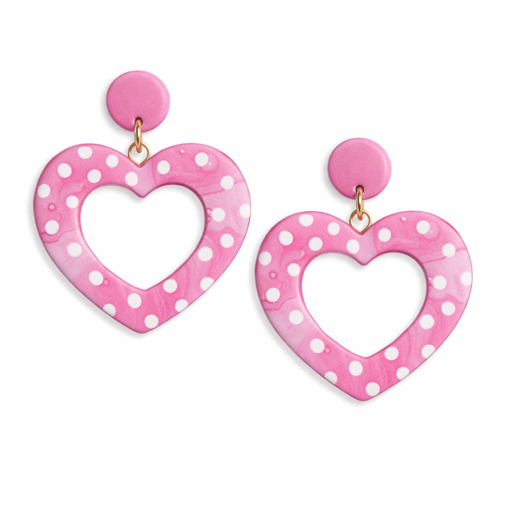 Pink heart donut polymer clay earrings with white polka dots, handmade dangle earrings