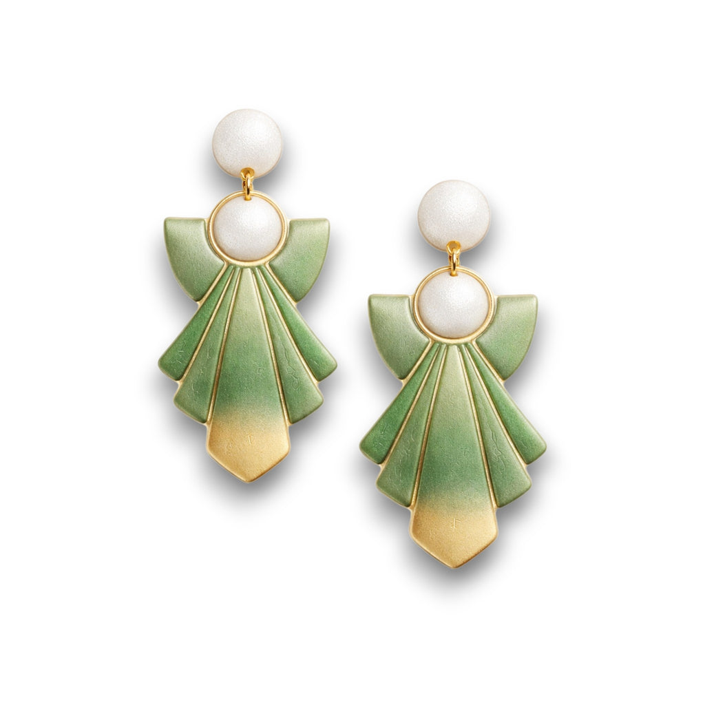 Art deco polymer clay earrings in soft green and gold tones with sculpted fan-shaped design