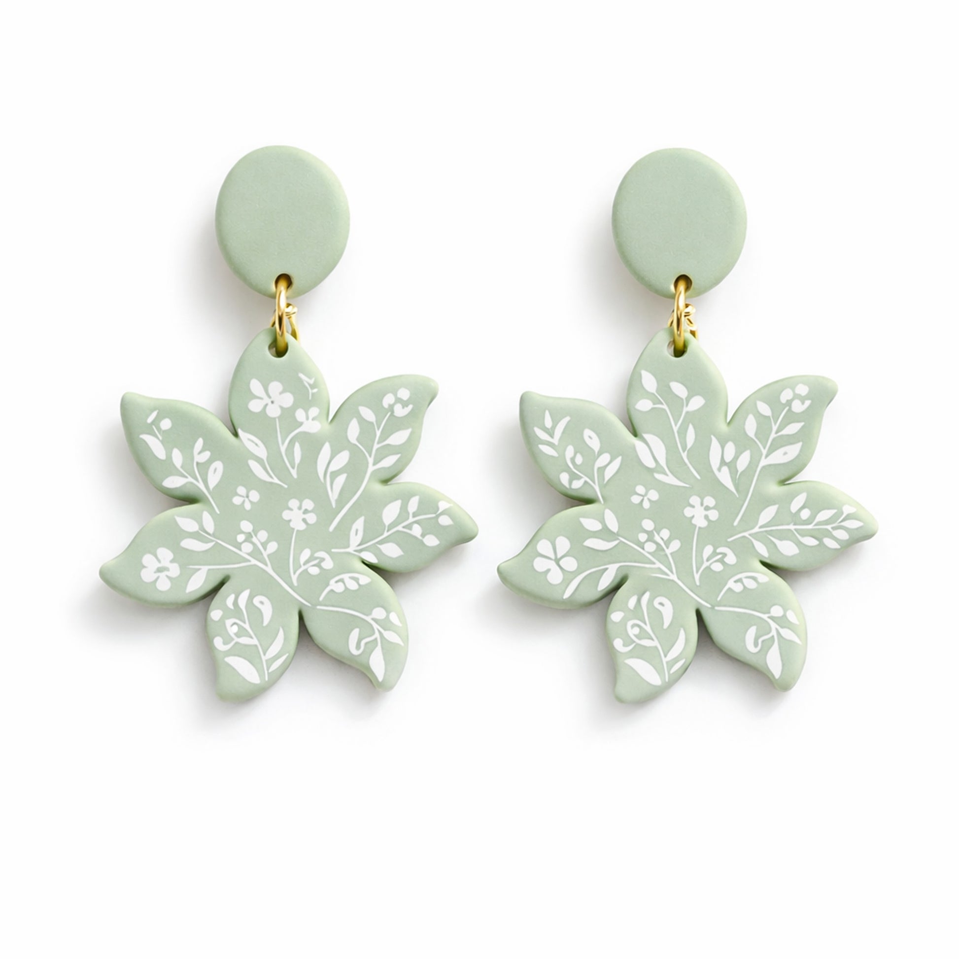 Ripple Flower polymer clay earrings in sage green with botanical silkscreen pattern
