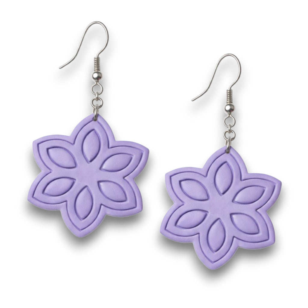 Lilac six-petal flower polymer clay earrings with embossed floral detail