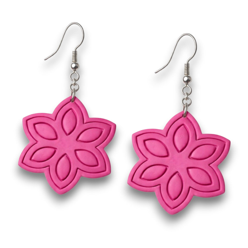 Fuchsia six-petal flower polymer clay earrings featuring embossed petal design